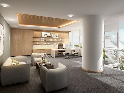 Modern Office Interior Design With Open Concept Wooden Bookshelves Sofas And Floor to Ceiling Windows 3d model