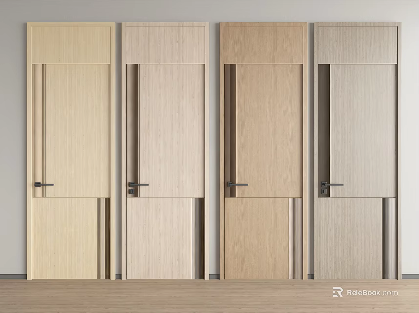 Four Modern Wooden Hinged Doors With Various Light Colors And Simple Design 3d model 
