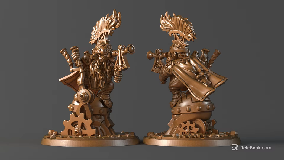 Intricate Fantasy Sculpture Carving With Feathered Hat Hammer Gear Base And Golden Cloak 3d model 