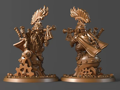 Intricate Fantasy Sculpture Carving With Feathered Hat Hammer Gear Base And Golden Cloak 3d model