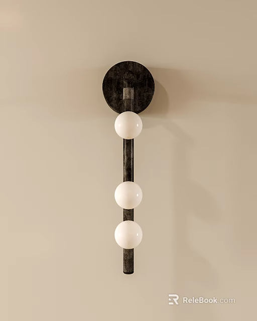 Modern Dark Metal Wall Lamp with Three White Spherical Lampshades on Light Colored Wall 3d model 
