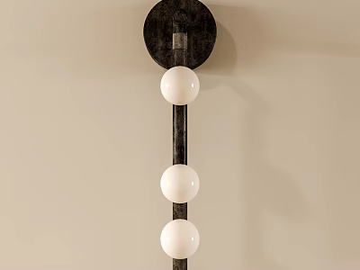 Modern Dark Metal Wall Lamp with Three White Spherical Lampshades on Light Colored Wall 3d model