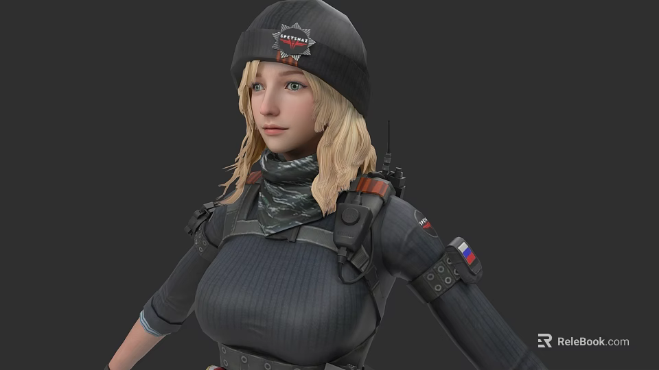 A Woman With Blonde Hair Wearing Black Cap Scarf And Tactical Gear With Russian Flag 3d model 