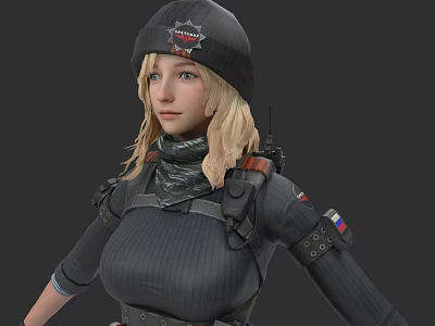 A Woman With Blonde Hair Wearing Black Cap Scarf And Tactical Gear With Russian Flag 3d model