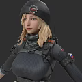 A Woman With Blonde Hair Wearing Black Cap Scarf And Tactical Gear With Russian Flag