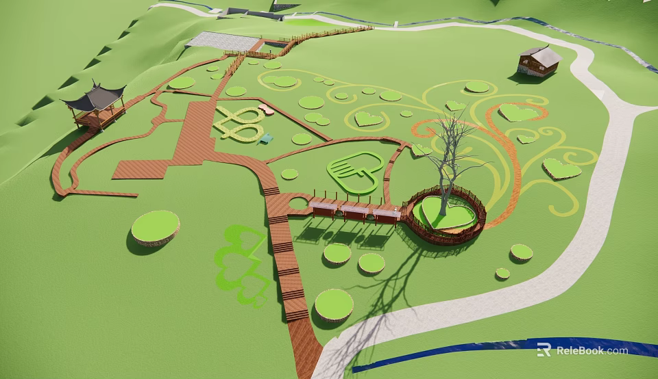 Garden Landscape Design Featuring Winding Pathways Green Lawns Circular Areas And Pavilion 3d model 