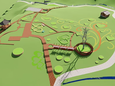 Garden Landscape Design Featuring Winding Pathways Green Lawns Circular Areas And Pavilion 3d model