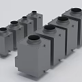 Industrial Equipment Silver Square Metal Enclosures with Circular Openings Various Sizes Arranged Together
