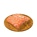 Fresh Salmon Fillet With Pink And White Stripes On Wooden Board