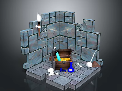Stone Wall And Floor Corner Scene Featuring Treasure Chest Torch Broom Bones And Blue Bottle 3d model