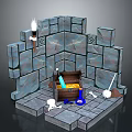 Stone Wall And Floor Corner Scene Featuring Treasure Chest Torch Broom Bones And Blue Bottle