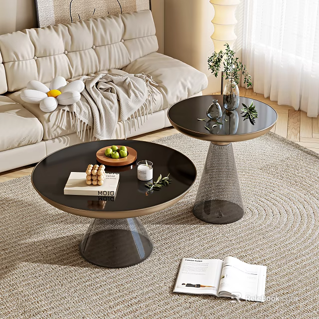 Modern Black Coffee Tables With Metal Base And Green Plants Magazines In Living Room 3d model 