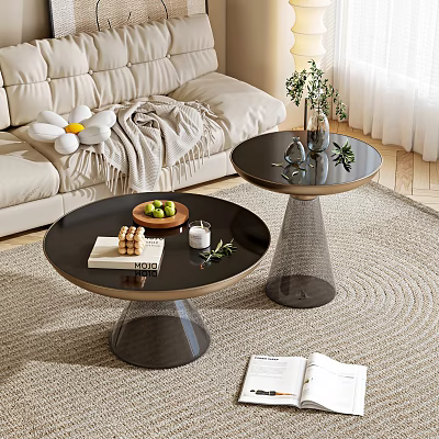 Modern Black Coffee Tables With Metal Base And Green Plants Magazines In Living Room 3d model