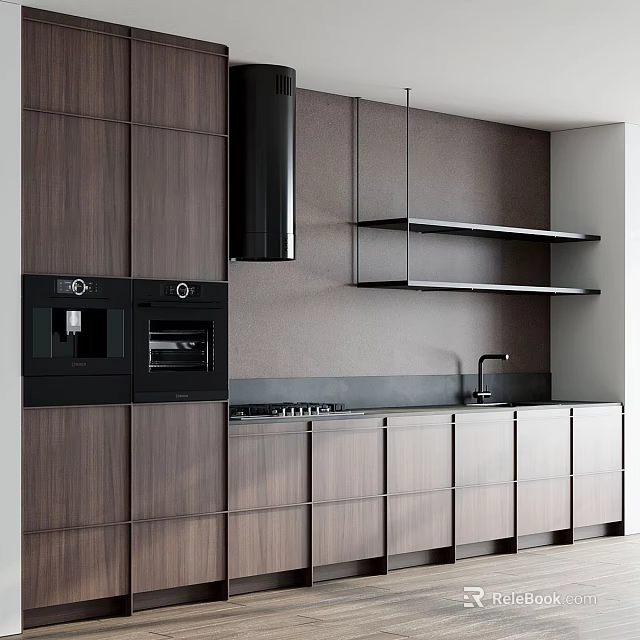 Modern Kitchen With Wooden Cabinets Integrated Appliances And Open Shelves 3d model 