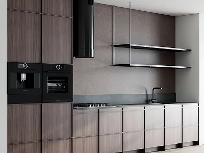 Modern Kitchen With Wooden Cabinets Integrated Appliances And Open Shelves 3d model