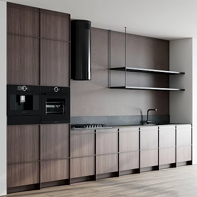 Modern Kitchen With Wooden Cabinets Integrated Appliances And Open Shelves 3d model