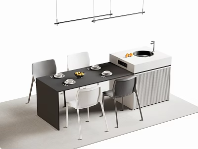 Modern Bar Counter Area With Black Countertop Grey White Chairs Plates Fruits And Hanging Lights 3d model