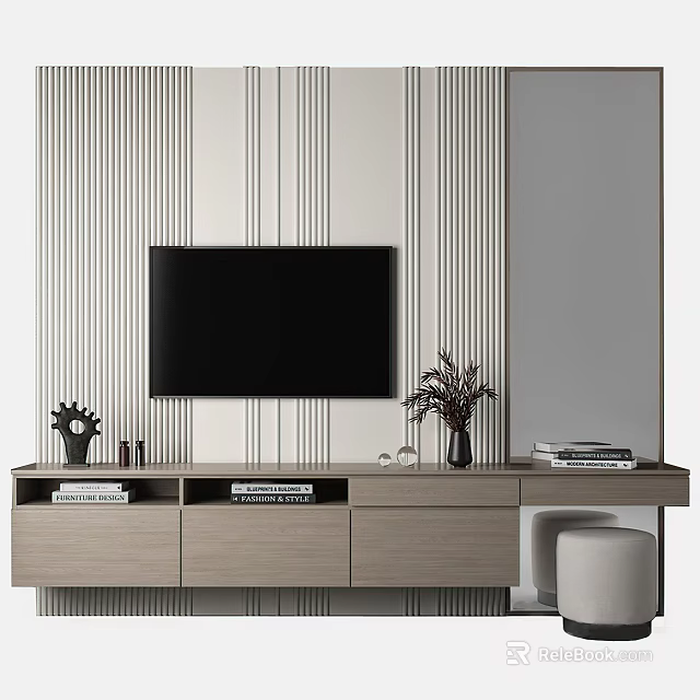 Minimalist TV Background Wall Design With Vertical Stripes Light Wood Stand And Decorative Plants Books 3d model 