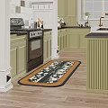 Green Kitchen Interior With Black Countertops Gas Stove Cabinets And Floral Rug