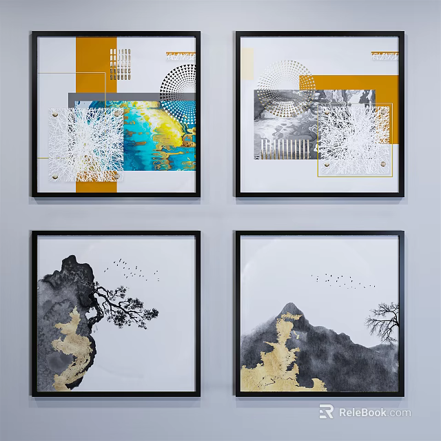 Abstract And Landscape Framed Wall Art With Orange Blue Geometric Mountain Tree Elements 3d model