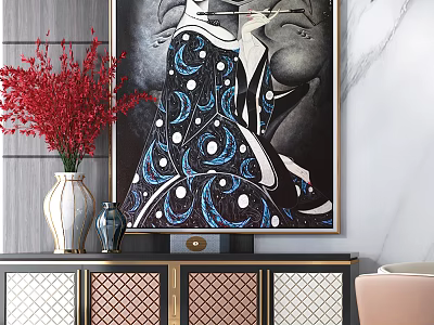 Elegant Modern Sideboard with Metal Accents Vase Red Flowers and Decorative Painting 3d model