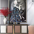 Elegant Modern Sideboard with Metal Accents Vase Red Flowers and Decorative Painting