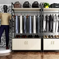 Retail Display Shelves With Hanging Shirts Shoes Bags Mannequin And Potted Plant