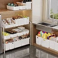 Organized Kitchen Cabinets With Storage Bins Fruits And Kitchen Supplies