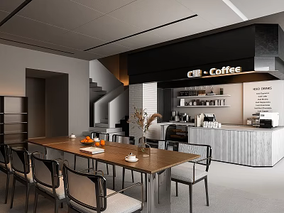 Modern Café Interior Design With Wooden Dining Table Chairs Coffee Bar Counter And Appliances 3d model