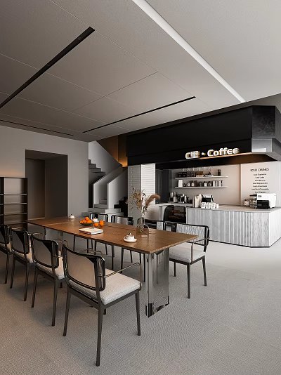 Modern Café Interior Design With Wooden Dining Table Chairs Coffee Bar Counter And Appliances 3d model