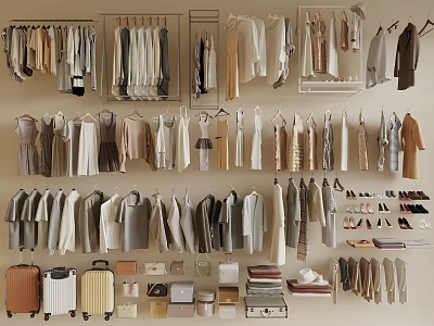 Organized Clothes With Hanging Various Styles And Storage Display Including Suitcases Shoes Folded Items 3d model