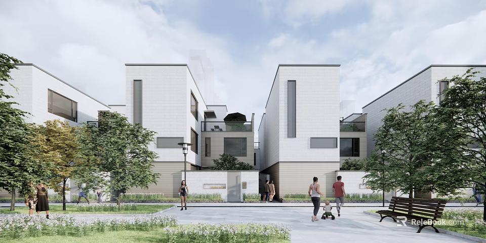 Modern Townhouse With White Exterior Large Windows And Greenery In Residential Area 3d model 