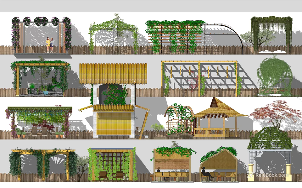 Elegant Garden Decorative Structures With Pergolas Bamboo Pavilions Trellises And Greenery 3d model
