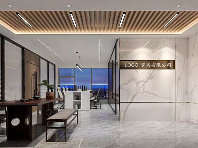 Modern Public Office Interior With Marble Wall Wooden Ceiling Light Strips And Plants 3d model