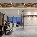 Modern Public Office Interior With Marble Wall Wooden Ceiling Light Strips And Plants
