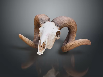 Natural Ram Skull With Curved Horns On Dark Background And Reflection 3d model