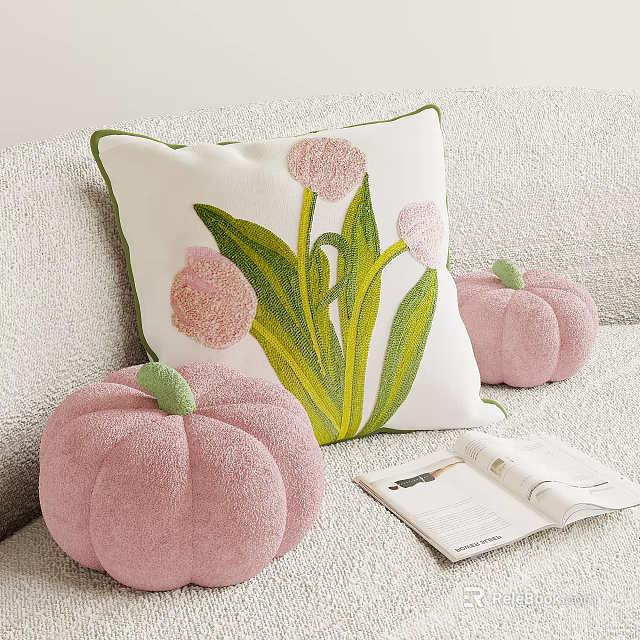 Decorative Pillow With Pink Flower Green Leaves And Plush Pink Pumpkins On Sofa With Magazine 3d model 