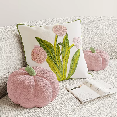 Decorative Pillow With Pink Flower Green Leaves And Plush Pink Pumpkins On Sofa With Magazine 3d model