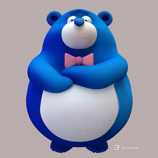 Blue Bear Plush Toy With White Belly And Pink Bow Tie Arms Crossed 3d model 