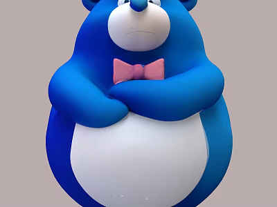 Blue Bear Plush Toy With White Belly And Pink Bow Tie Arms Crossed 3d model