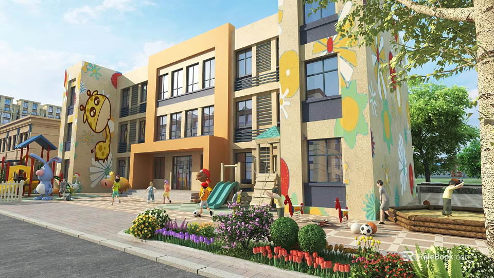Colorful Yellow Orange School Building With Cartoon Murals And Playground Slide For Kids 3d model 