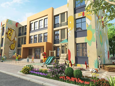 Colorful Yellow Orange School Building With Cartoon Murals And Playground Slide For Kids 3d model