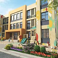 Colorful Yellow Orange School Building With Cartoon Murals And Playground Slide For Kids