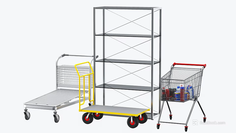 Public Facilities Featuring Metal Shelf Platform Cart and Shopping Cart for Storage and Transport 3d model 