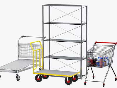 Public Facilities Featuring Metal Shelf Platform Cart and Shopping Cart for Storage and Transport 3d model