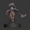 3D Character Model With Red Armor White Hair And Dual Blue Blades On Black Base