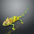 Colorful Chameleon Reptile With Yellow Green Brown Spotted Skin Long Tail On Dark Reflective Background