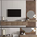 Modern TV Wall Design With Wooden TV Stand Round Mirror Pendant Lights And Decor