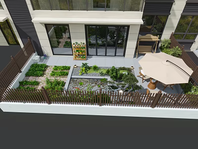 Cozy Residential Garden Landscape With Wooden Fence Planting Beds Seating Area And Umbrella 3d model
