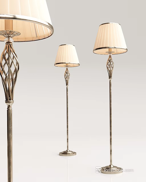 Modern Stylish Floor Lamps With Decorative Metal Poles And White Lampshades 3d model 